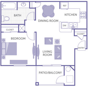 1 bed 1 bath floor plan, kitchen, dining room, living room, balcony, 2 closets